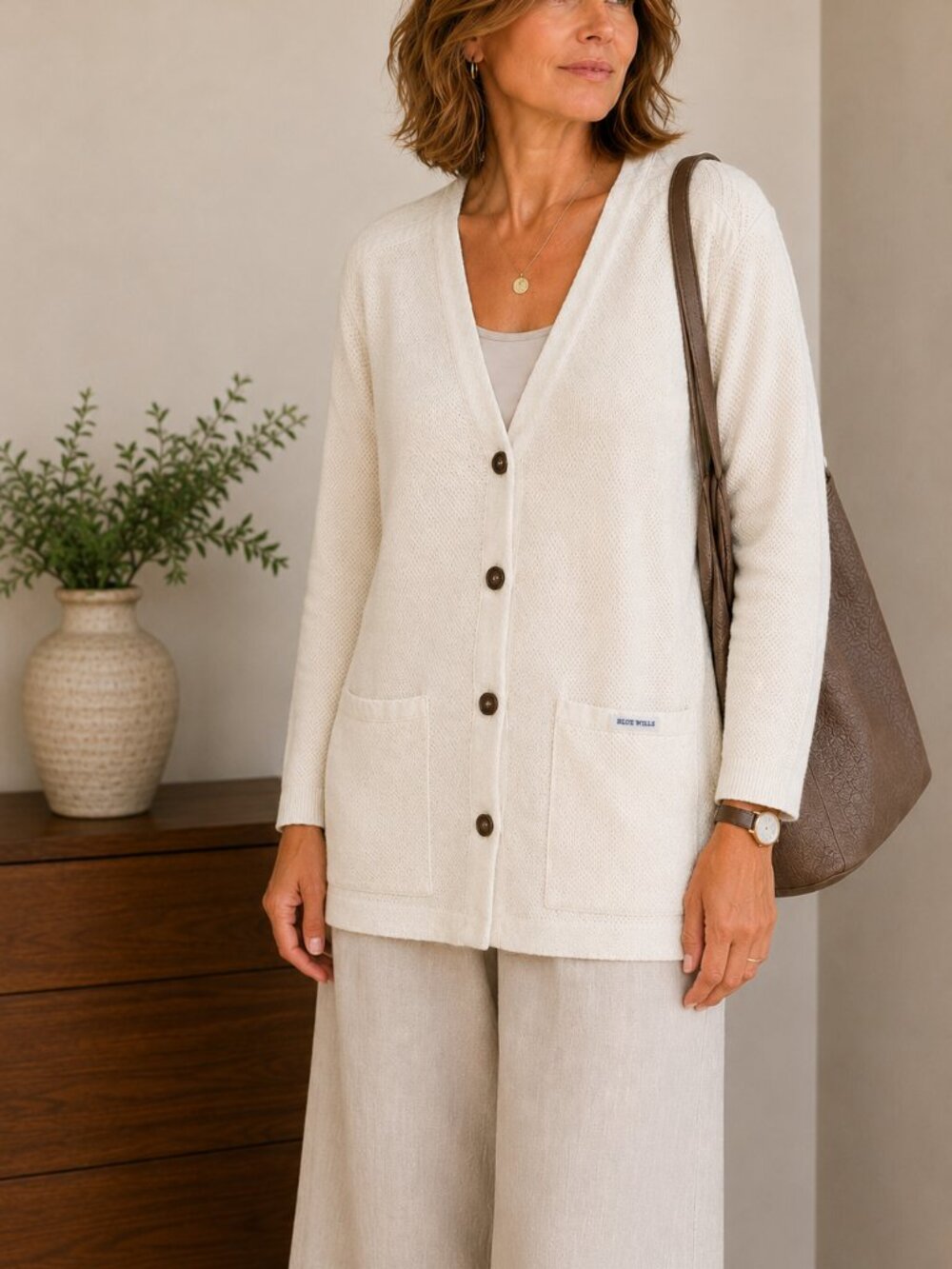 Blue Will's Cream 100% Cotton Textured Cardigan L Button Front Lightweight Knit